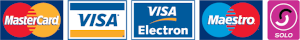 Accepte Payments Card logos, such as Master Card, Visa, Electron, Maestro, and Solo.