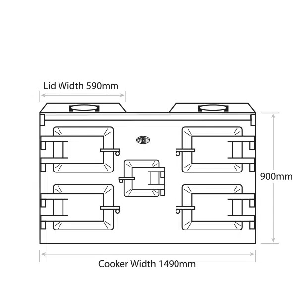 Lid width 590mm each. Height 900mm. Cooker Width 1490mm.