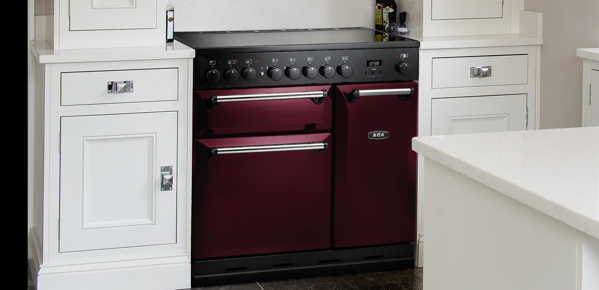 AGA Masterchef Deluxe 90 in Cranberry finish in white kitchen.