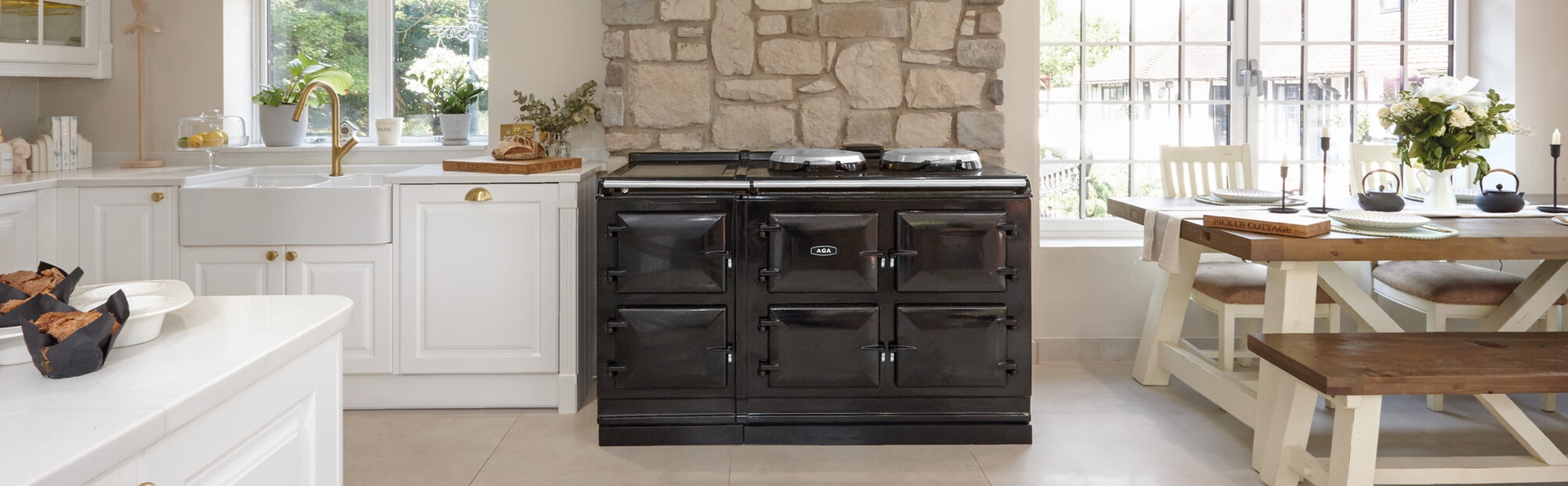 AGA eR7 150-5 in Black finish in white and stone kitchen.